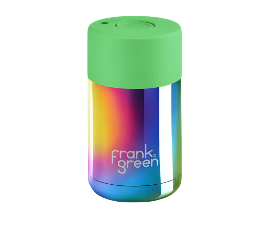 Frank Green 10 oz Chrome Rainbow Ceramic Cup with Neon Green Lid